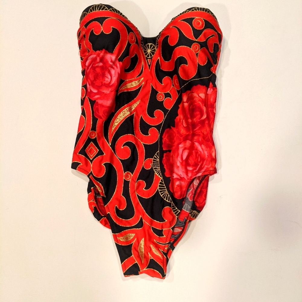 VTG Bathing Suit Gottex Red Floral Print Swimwear 1980s